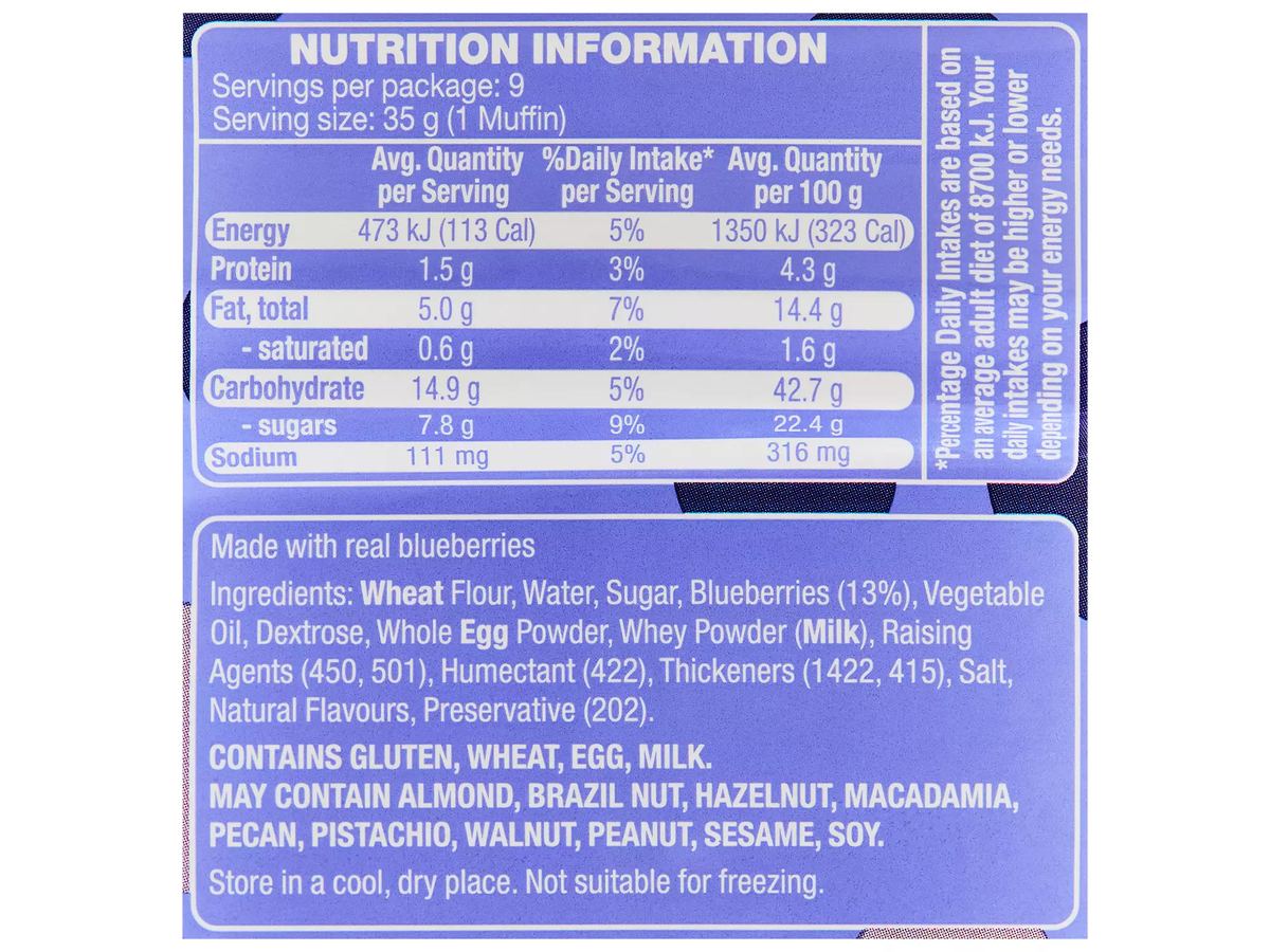 Pack photograph of THE CAKE STALL Mini Blueberry Muffins 9 Pack showing the printed nutrition panel