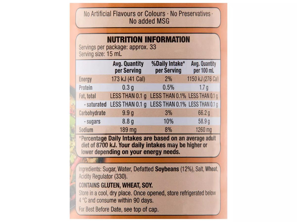Pack photograph of ASIA GREEN GARDEN Sweet Soy Sauce 500ml showing the printed nutrition panel