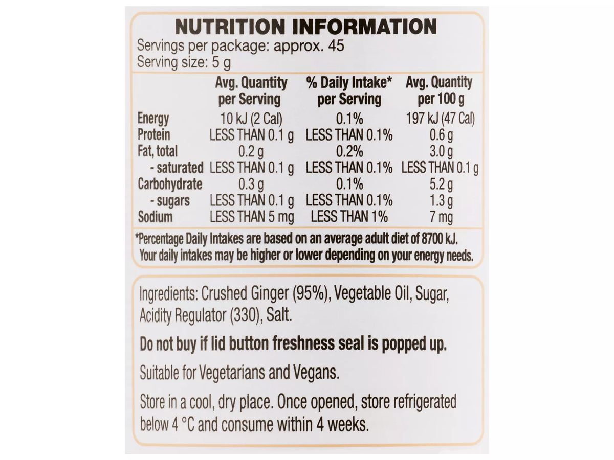 Pack photograph of STONEMILL Crushed Ginger 227g showing the printed nutrition panel