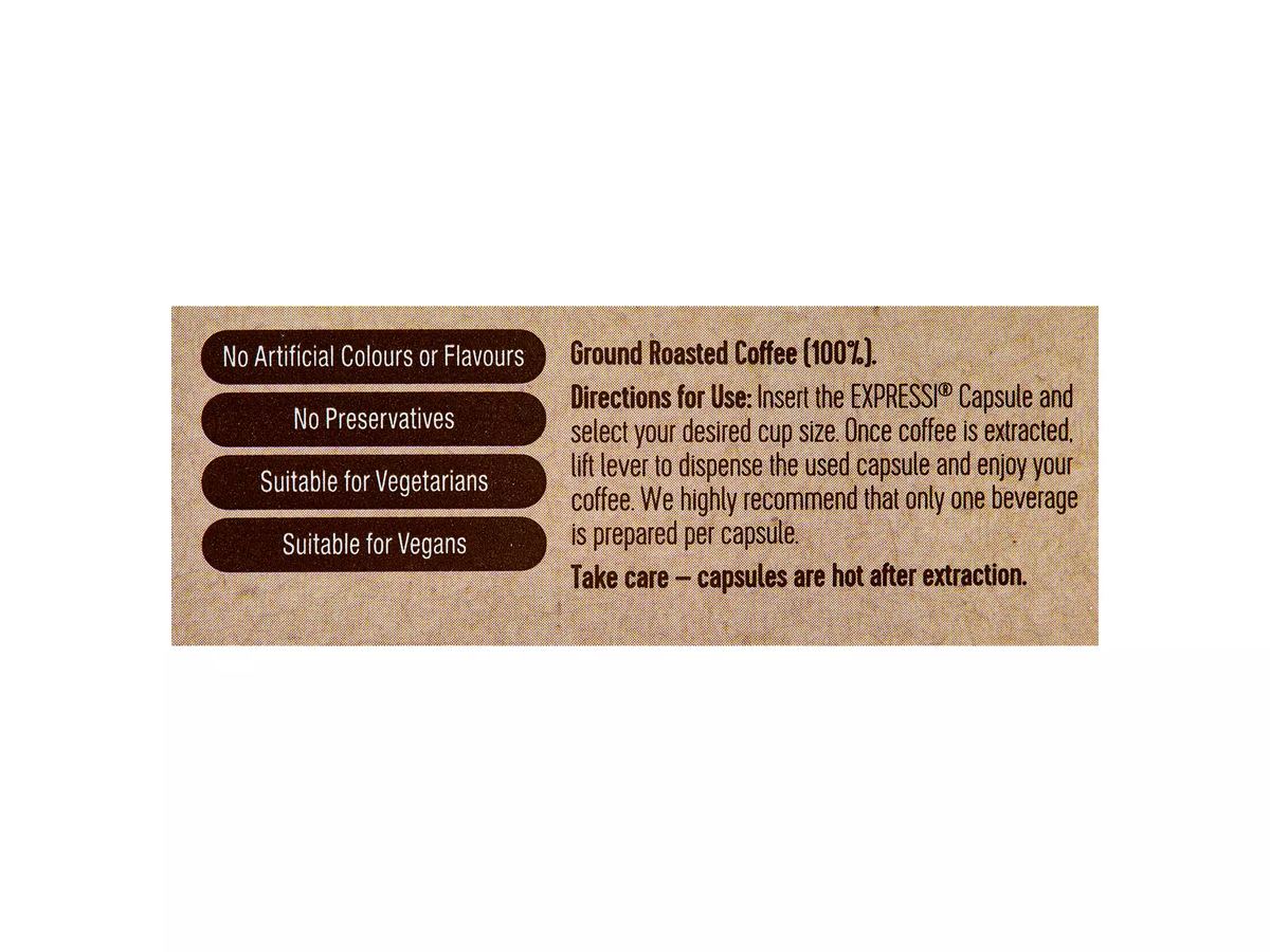 Pack photograph of EXPRESSI Organic Coffee Capsules 16 Pack 124g showing the printed nutrition panel