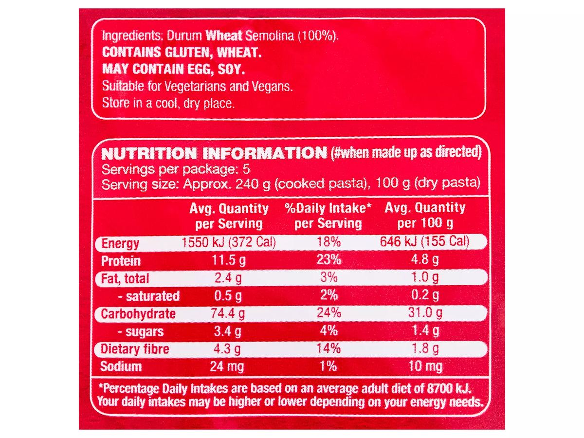 Pack photograph of CUCINA Pasta Penne 500g showing the printed nutrition panel