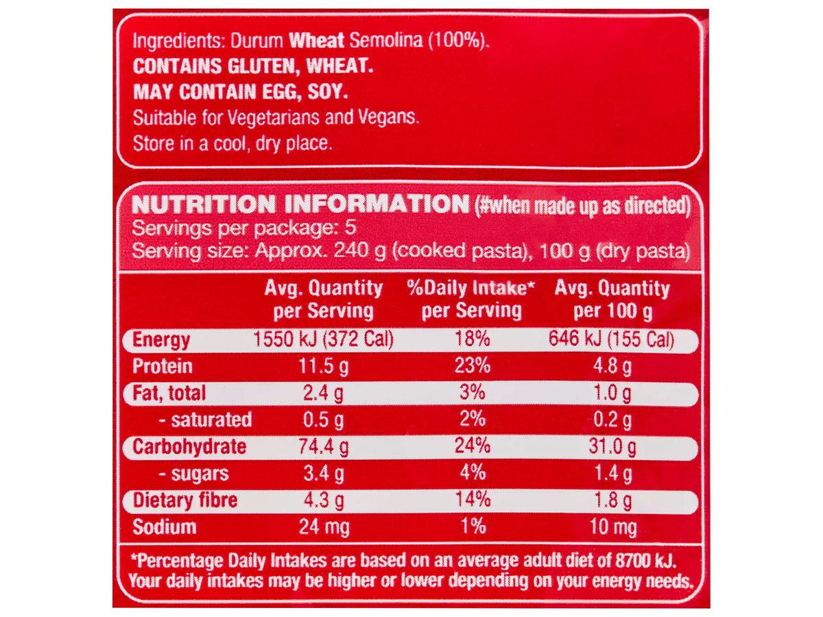 Pack photograph of CUCINA Pasta Macaroni 500g showing the printed nutrition panel