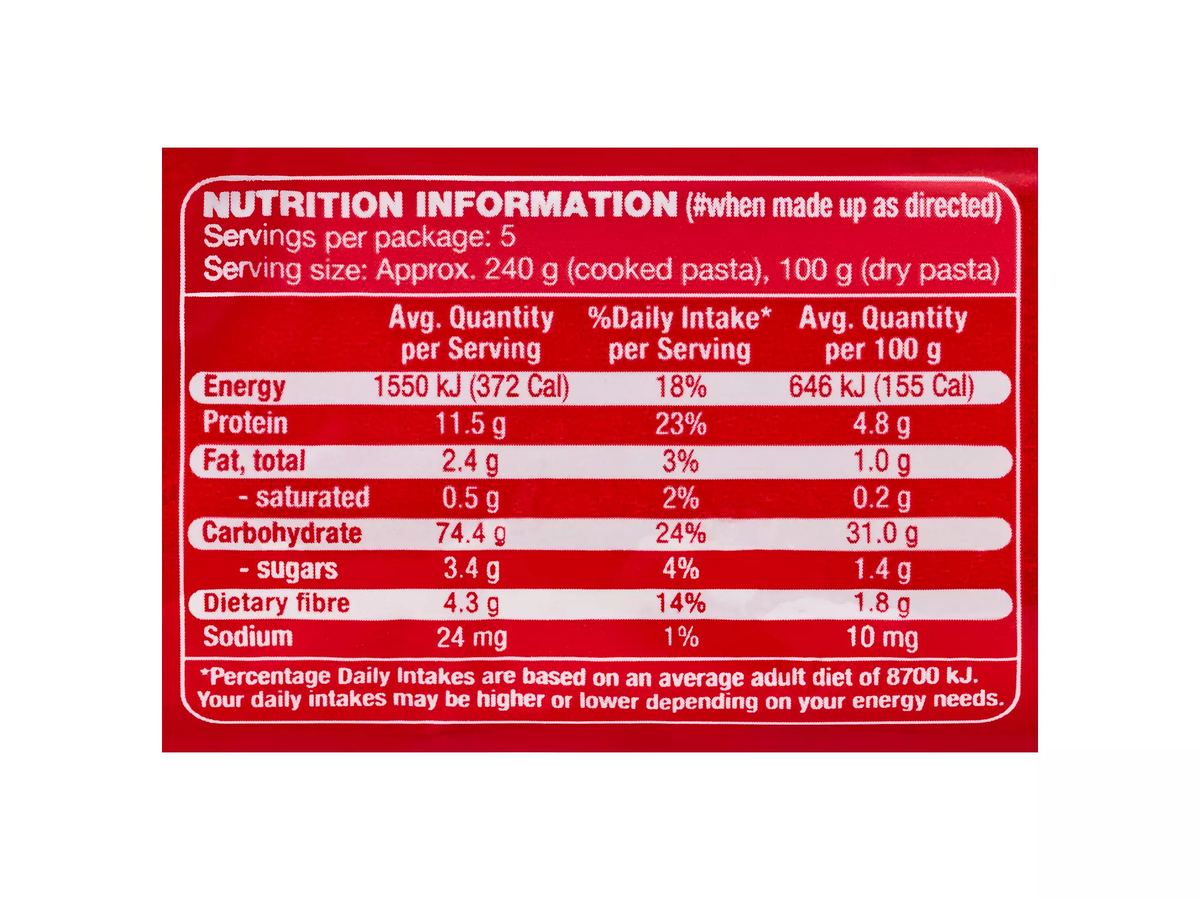Pack photograph of CUCINA Pasta Fettuccine 500g showing the printed nutrition panel