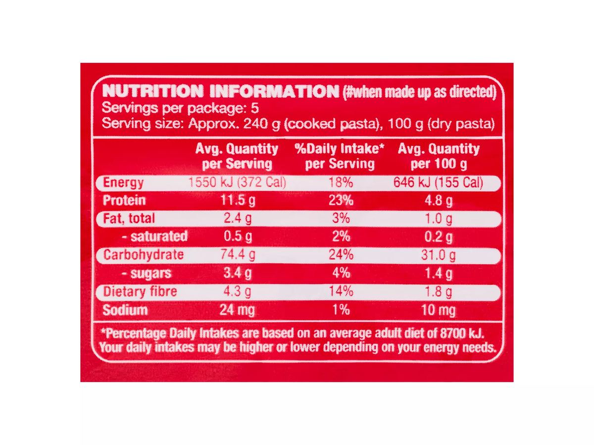 Pack photograph of CUCINA Pasta Large Shells 500g showing the printed nutrition panel