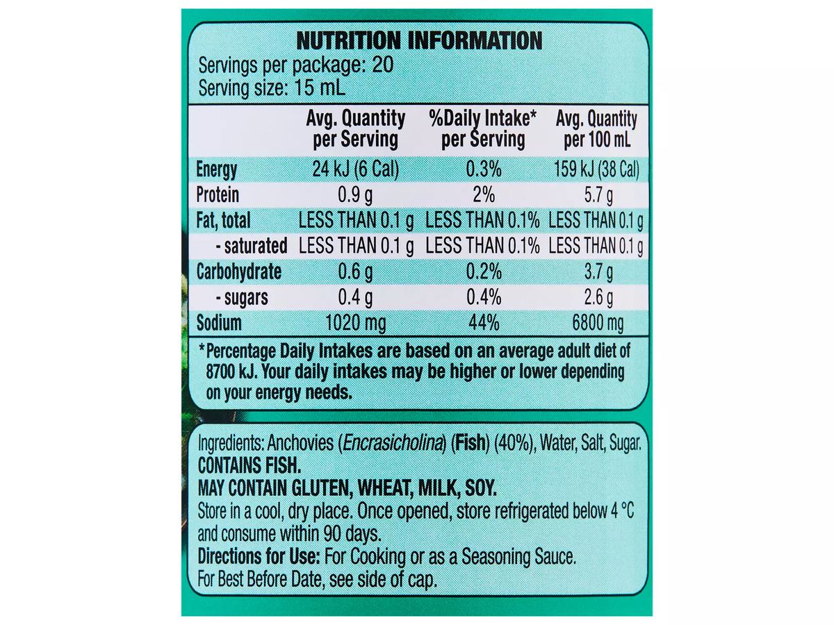 Pack photograph of ASIA GREEN GARDEN Fish Sauce 300ml showing the printed nutrition panel