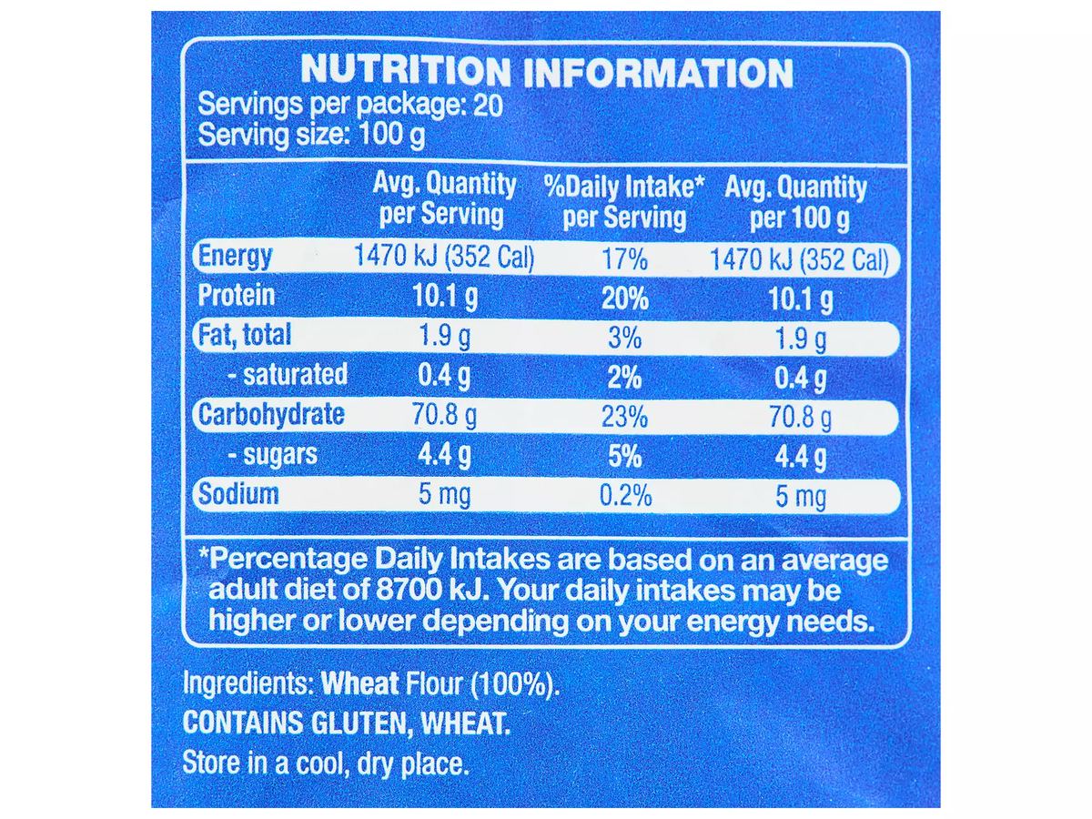Pack photograph of WHITE MILL Plain Flour 2kg showing the printed nutrition panel