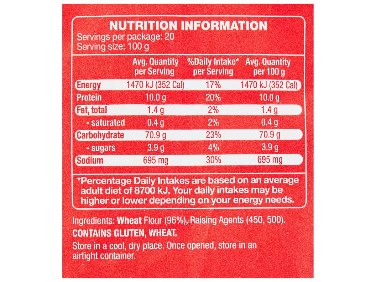Pack photograph of WHITE MILL Self Raising Flour 2kg showing the printed nutrition panel