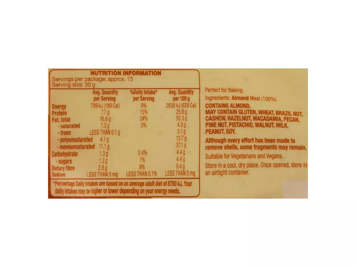 Pack photograph of OH SO NATURAL WHOLEFOODS Almond Meal 400g showing the printed nutrition panel