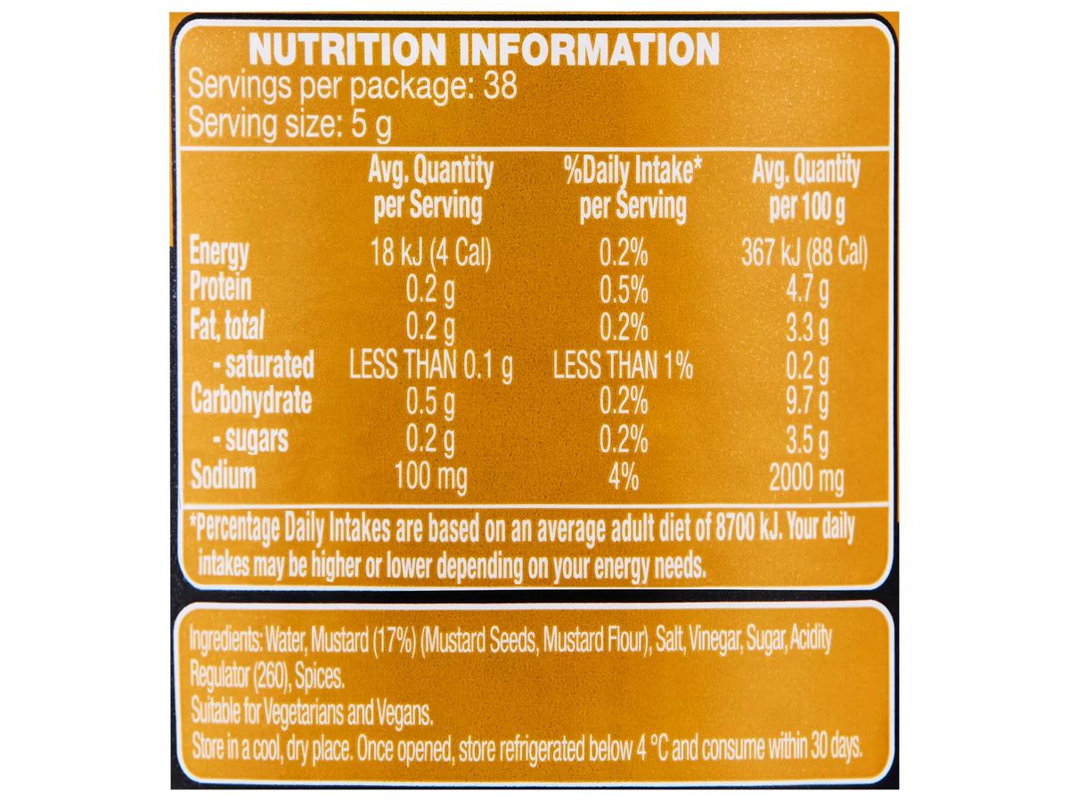 Pack photograph of COLWAY Dijon Mustard 190g showing the printed nutrition panel