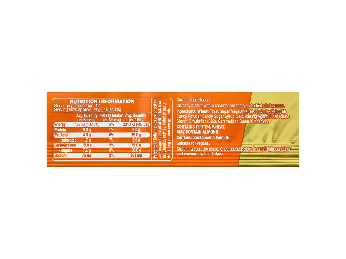 Pack photograph of BELMONT BISCUIT CO. Speculoos Biscuits 250g showing the printed nutrition panel