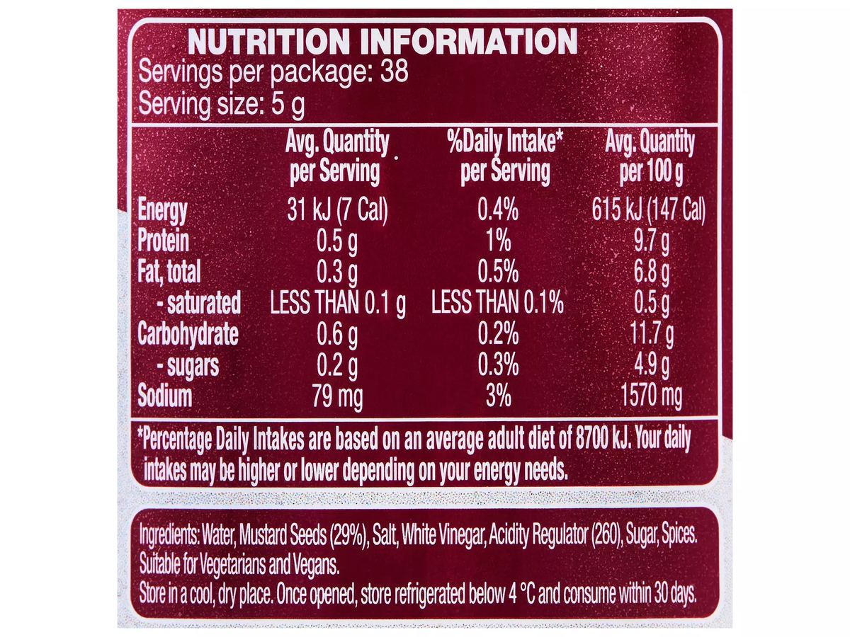 Pack photograph of COLWAY Wholegrain Mustard 190g showing the printed nutrition panel