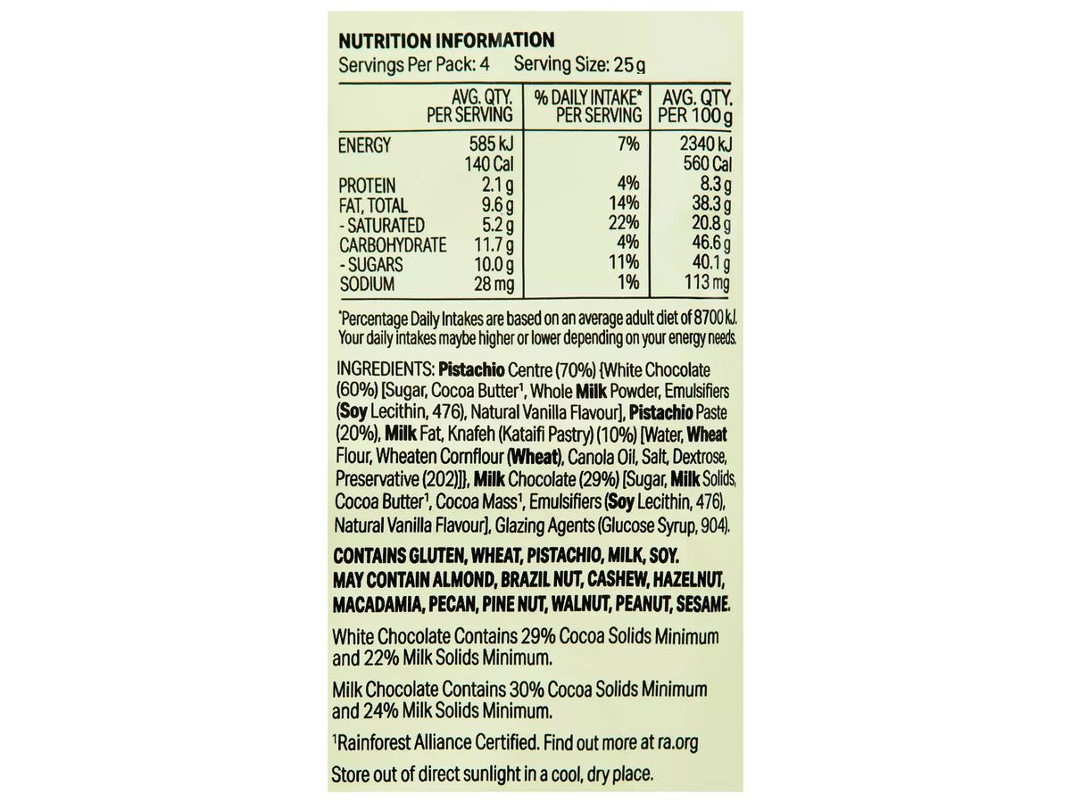 Pack photograph of HUGOS Pistachio Bombs 100g showing the printed nutrition panel