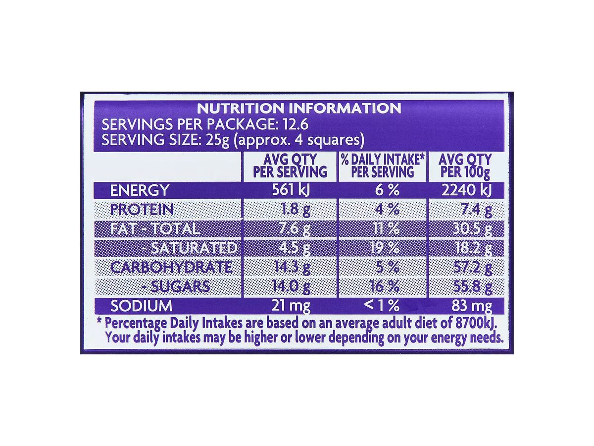 Pack photograph of CADBURY Dairy Milk Chocolate 315g showing the printed nutrition panel