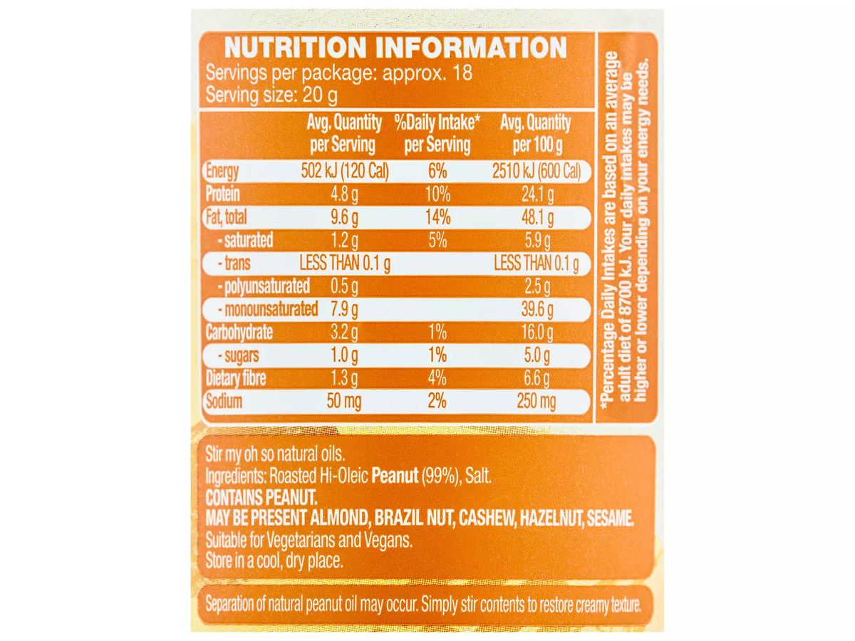 Pack photograph of OH SO NATURAL FOODS Natural Peanut Butter Smooth 375g showing the printed nutrition panel