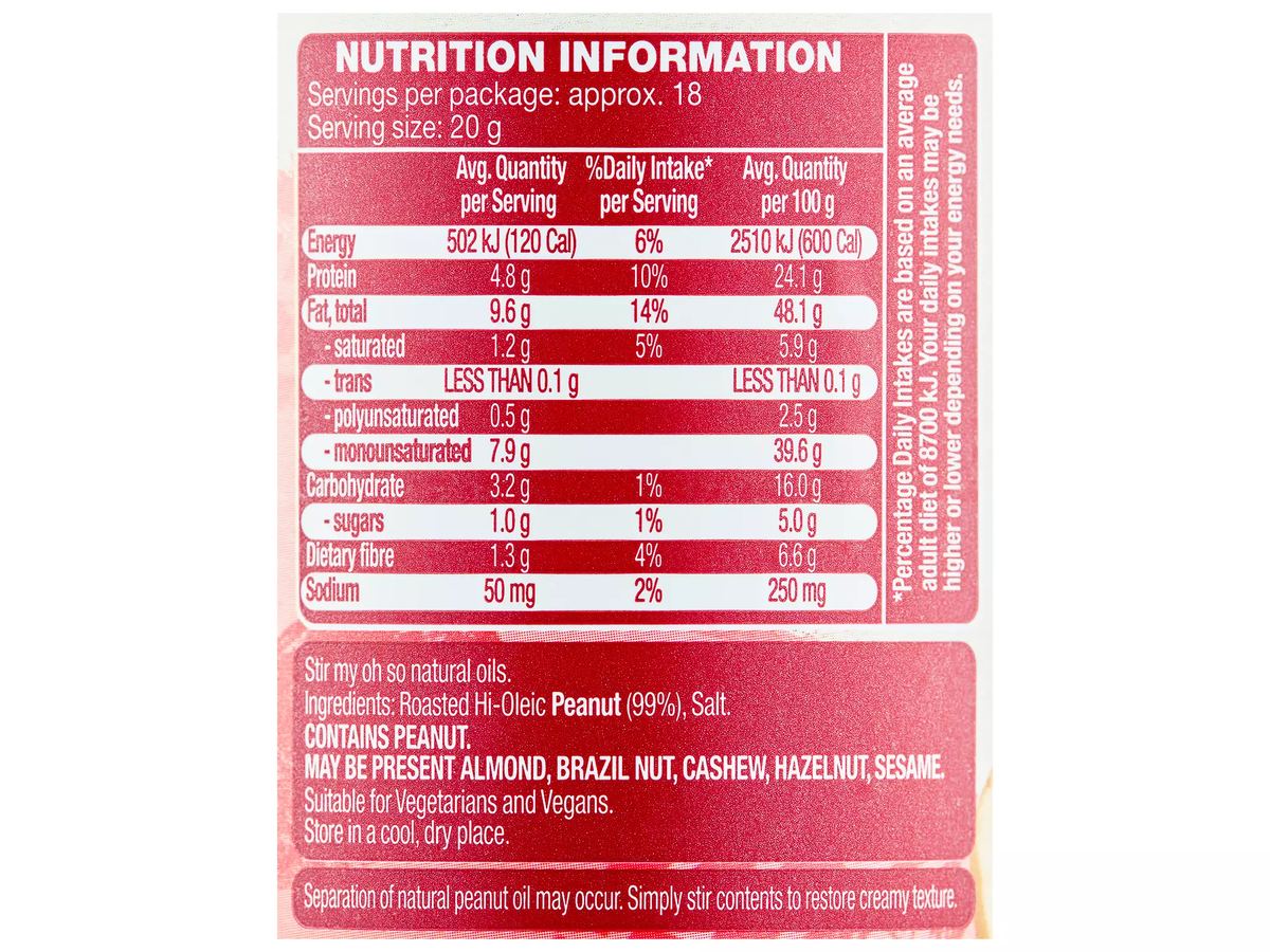 Pack photograph of OH SO NATURAL FOODS Natural Peanut Butter Crunchy 375g showing the printed nutrition panel