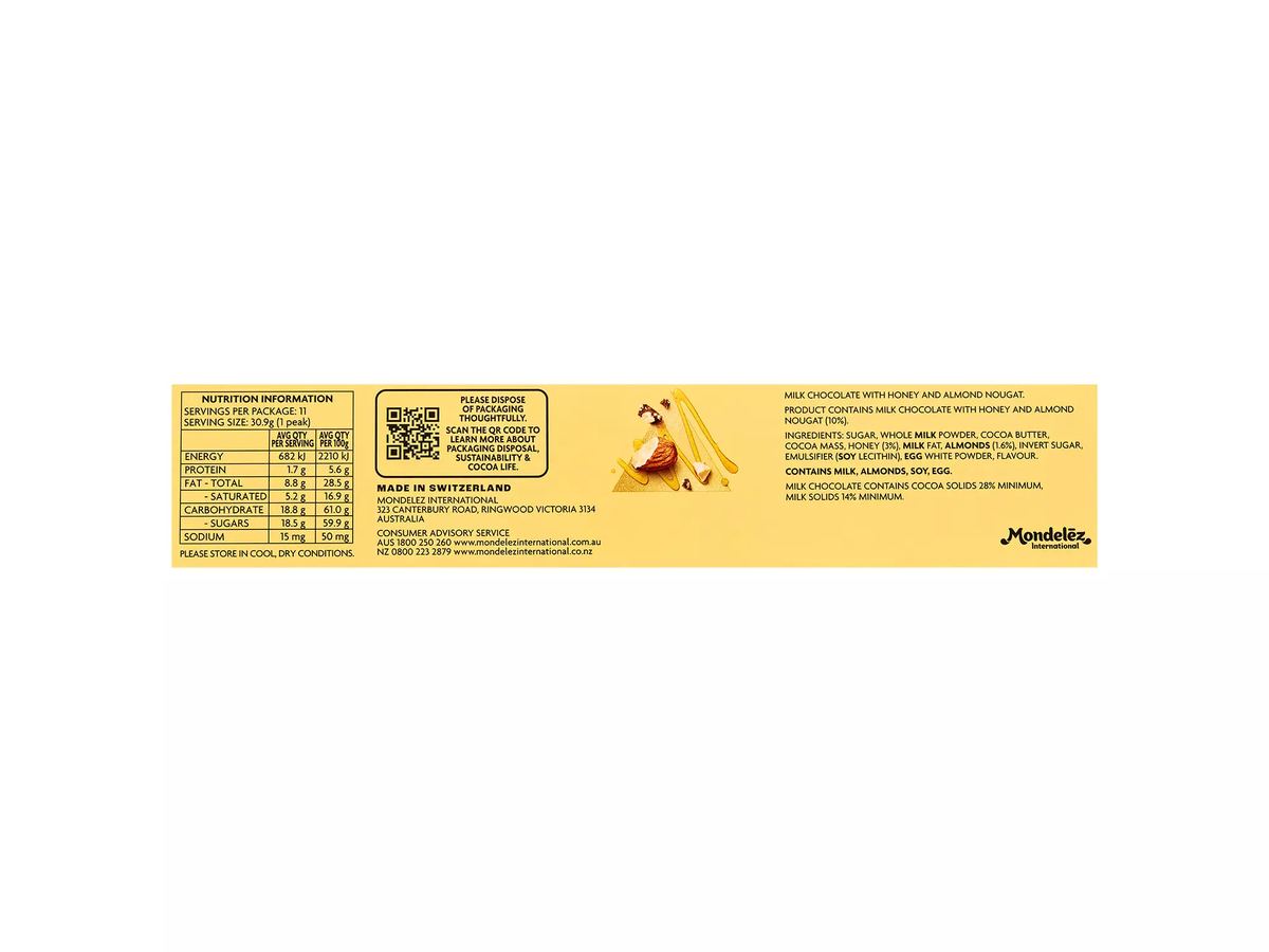Pack photograph of TOBLERONE Chocolate 340g showing the printed nutrition panel
