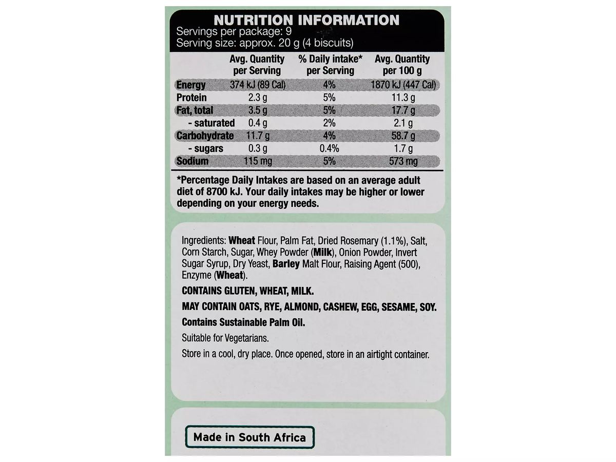 Pack photograph of DAMORA SATISFIED SNACKING Wheaten Cracker Rosemary 185g showing the printed nutrition panel