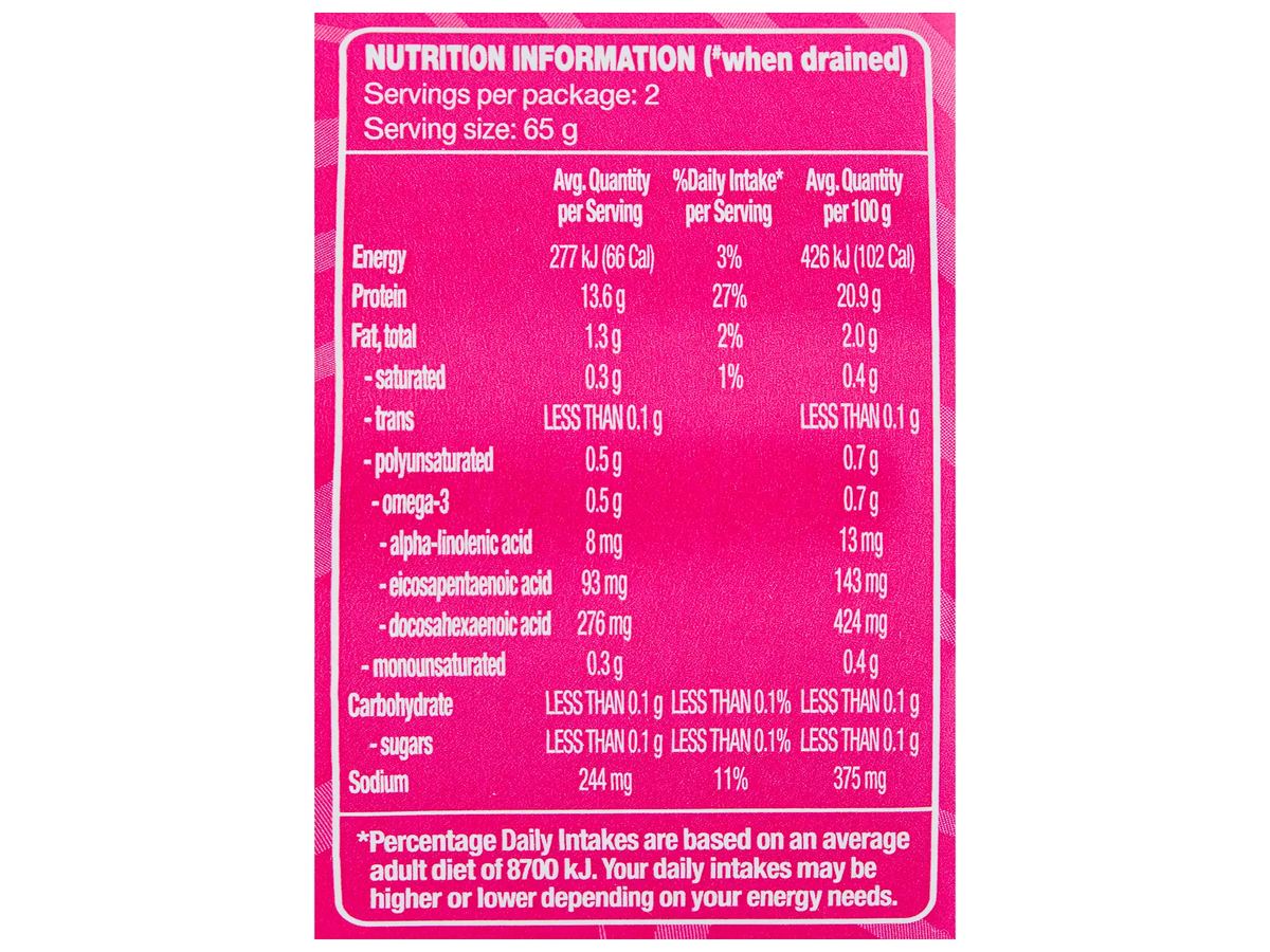 Pack photograph of OCEAN RISE Salmon Pink Skinless & Boneless 200g showing the printed nutrition panel