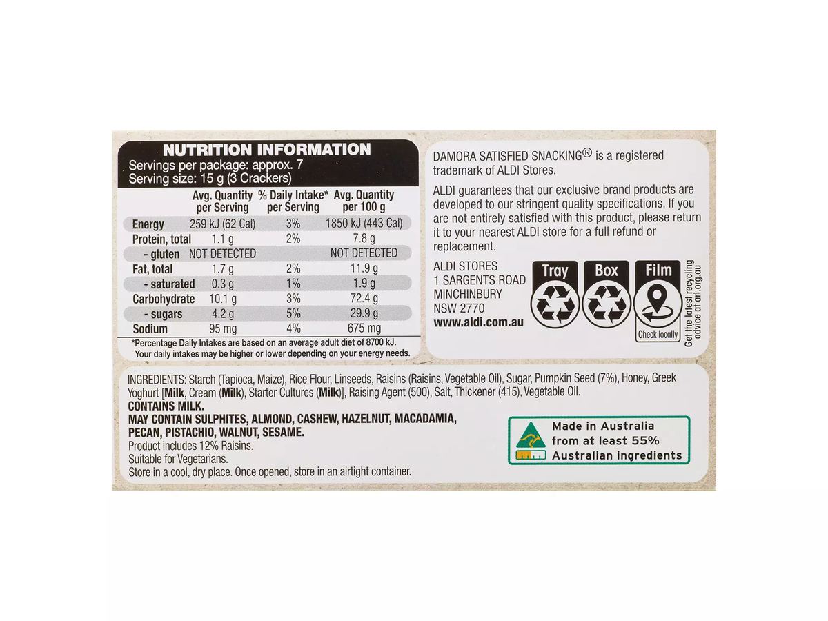 Pack photograph of DAMORA Gluten Free Specialty Crackers Raisin and Pumpkin 100g showing the printed nutrition panel