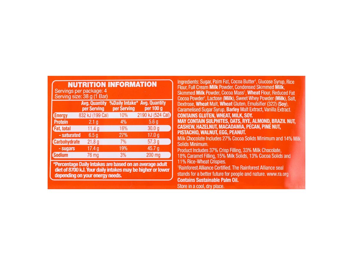Pack photograph of DAIRY FINE Caramel Crunch Bars 4 Pack 152g showing the printed nutrition panel