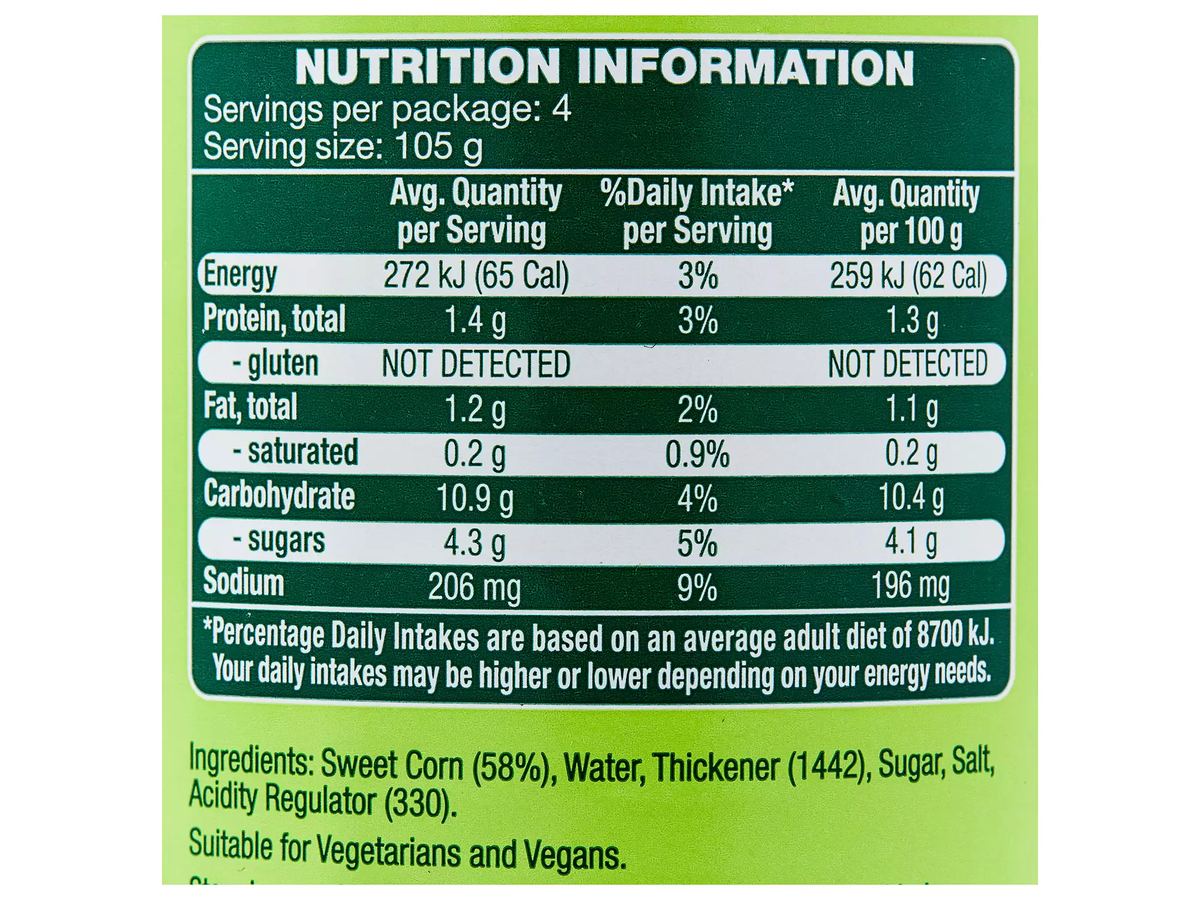 Pack photograph of NEW SEASON Creamed Corn 420g showing the printed nutrition panel