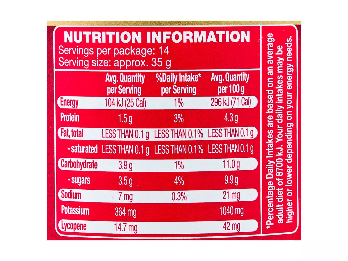 Pack photograph of CUCINA Tomato Paste 500g showing the printed nutrition panel