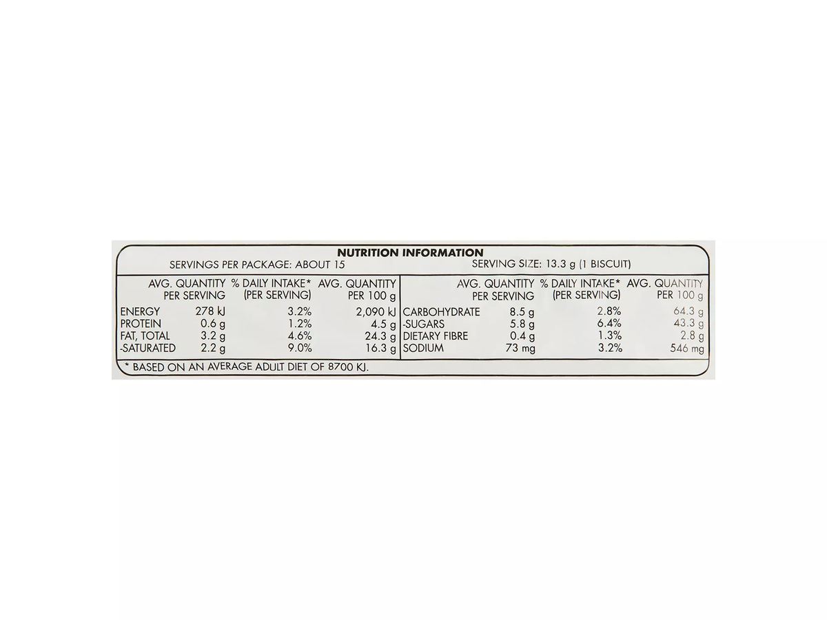 Pack photograph of ARNOTT'S Kingston 200g showing the printed nutrition panel