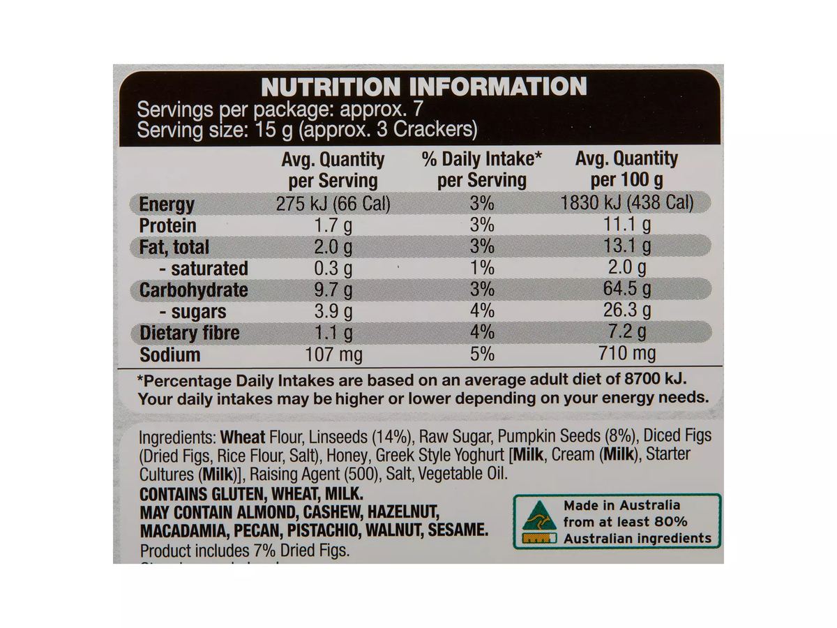 Pack photograph of DAMORA Fig & Pumpkin Seed Crackers 100g showing the printed nutrition panel
