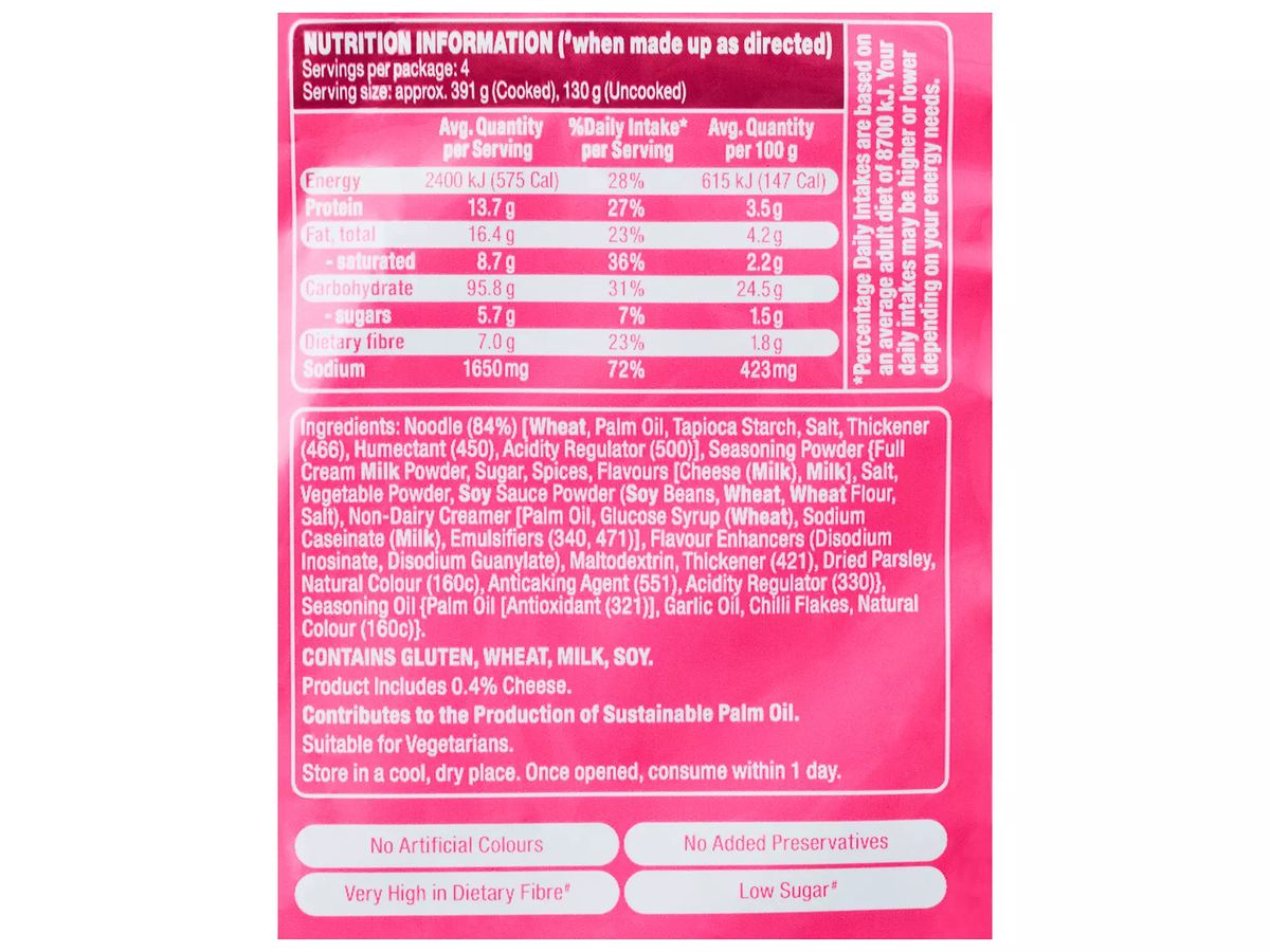Pack photograph of URBAN EATS Hot & Spicy Carbonara Cheese Noodles 4 Pack 520g showing the printed nutrition panel