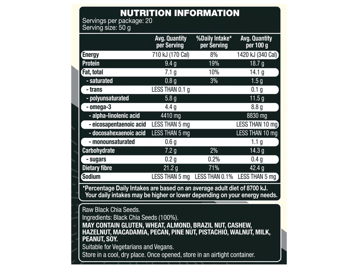 Pack photograph of OH SO NATURAL WHOLEFOODS Chia Seeds 1kg showing the printed nutrition panel