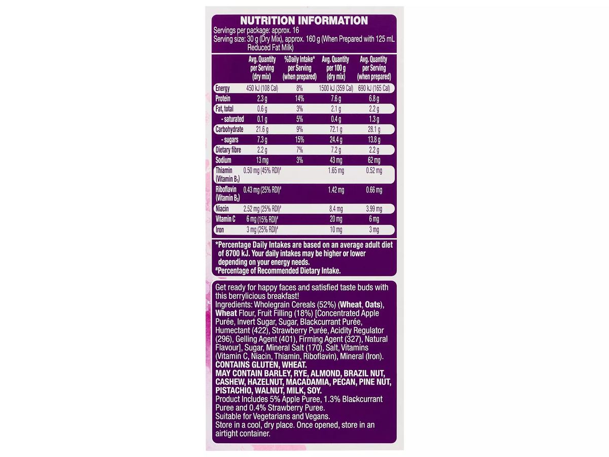 Pack photograph of HILLCREST Fruity Bursts Cereal 500g showing the printed nutrition panel