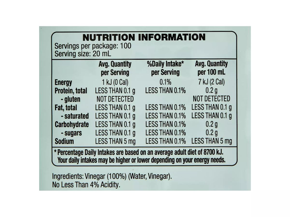 Pack photograph of PURE VITA White Vinegar 2L showing the printed nutrition panel