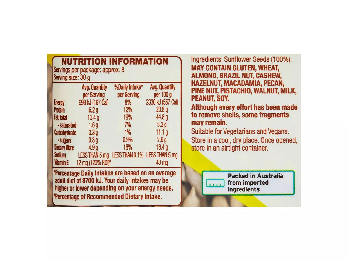 Pack photograph of OH SO NATURAL WHOLEFOODS Sunflower Seeds 250g showing the printed nutrition panel