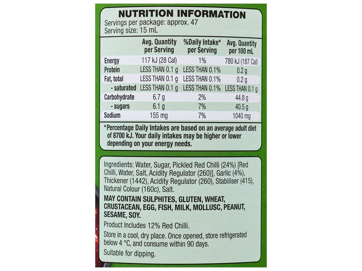 Pack photograph of ASIA GREEN GARDEN Sweet Chilli Sauce 700ml showing the printed nutrition panel