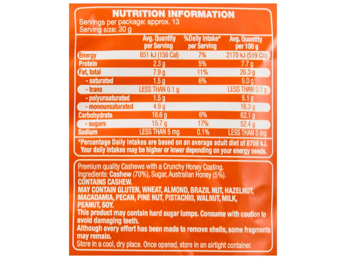 Pack photograph of FORRESTERS Honey Roasted Cashews 400g showing the printed nutrition panel