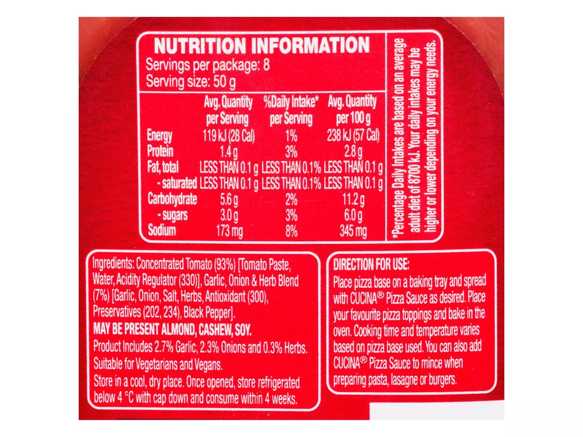 Pack photograph of CUCINA Pizza Sauce 400g showing the printed nutrition panel