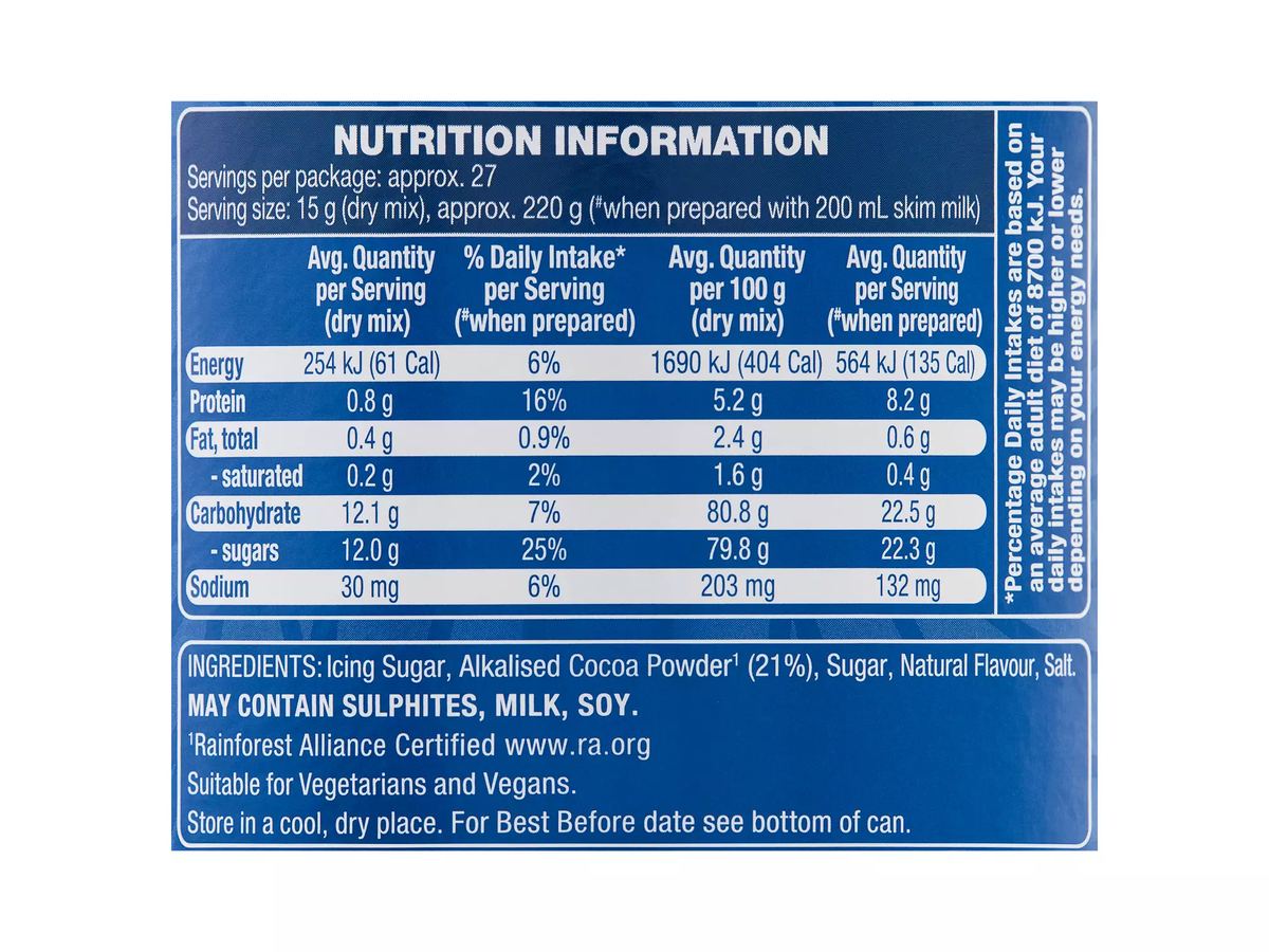 Pack photograph of DAIRY FINE Drinking Chocolate 400g showing the printed nutrition panel