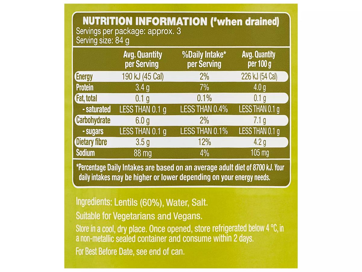 Pack photograph of NEW SEASON Lentils 420g showing the printed nutrition panel