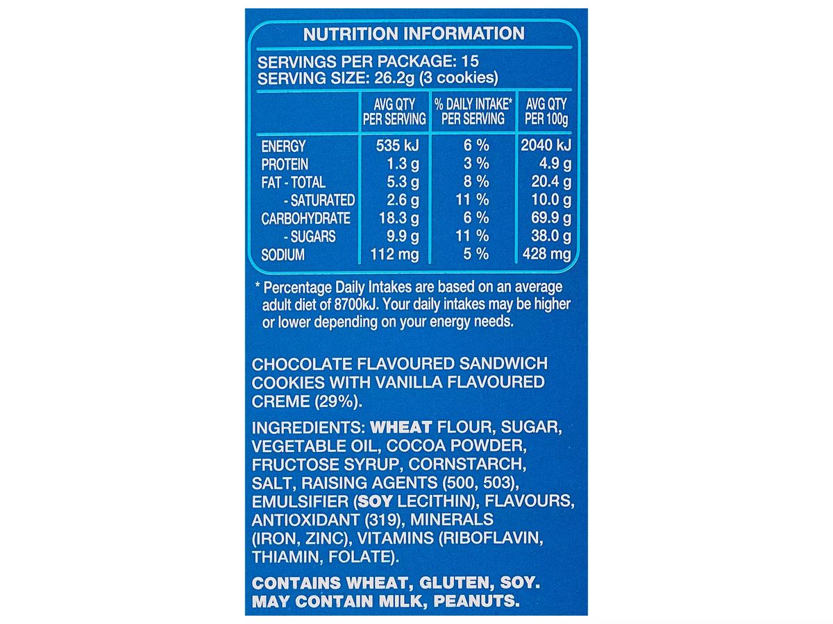 Pack photograph of Oreo Original Cookies Family Pack 393g showing the printed nutrition panel