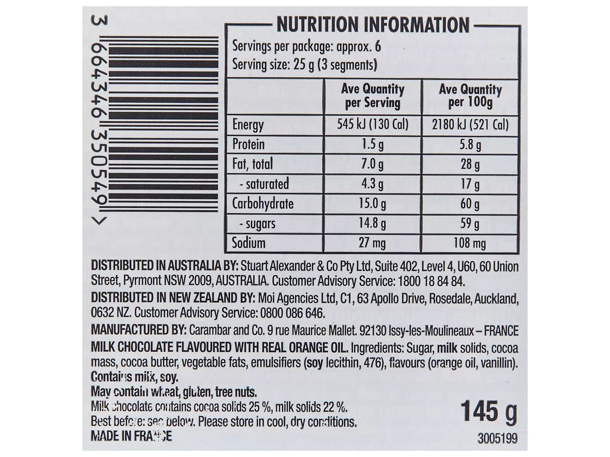 Pack photograph of TERRY'S Choc Orange 145g showing the printed nutrition panel