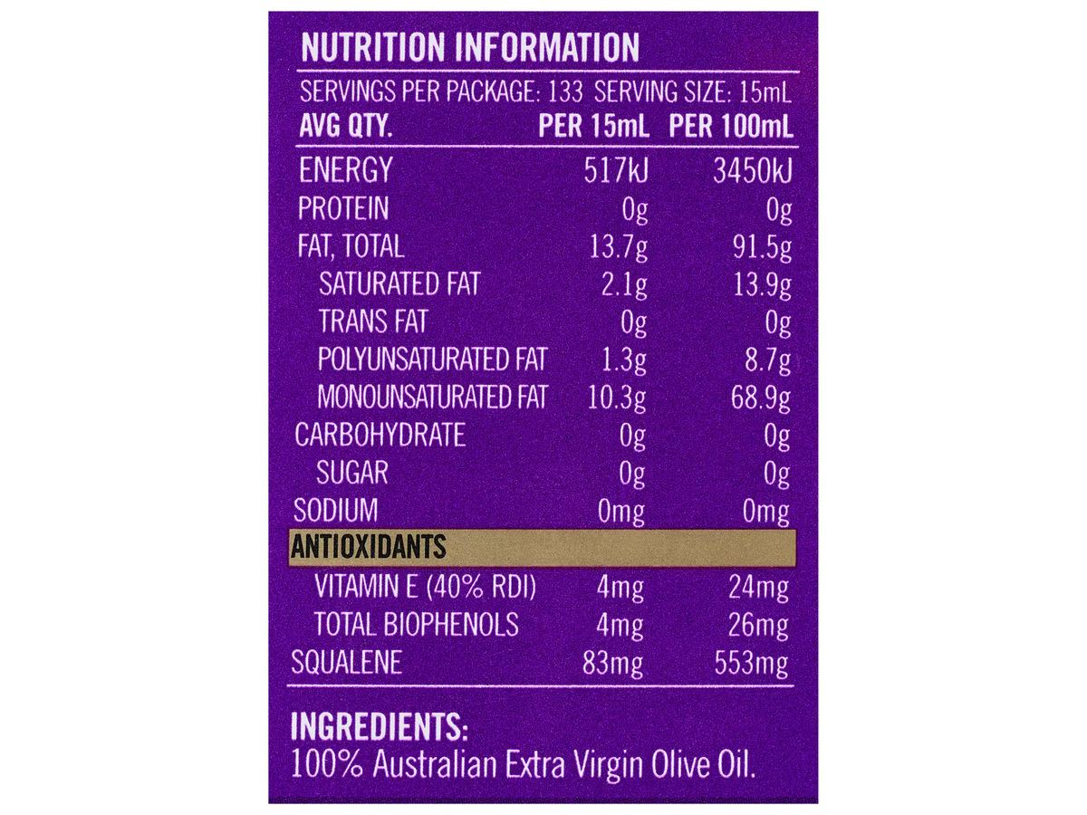 Pack photograph of COBRAM ESTATE Australian Extra Virgin Olive Oil 2L showing the printed nutrition panel