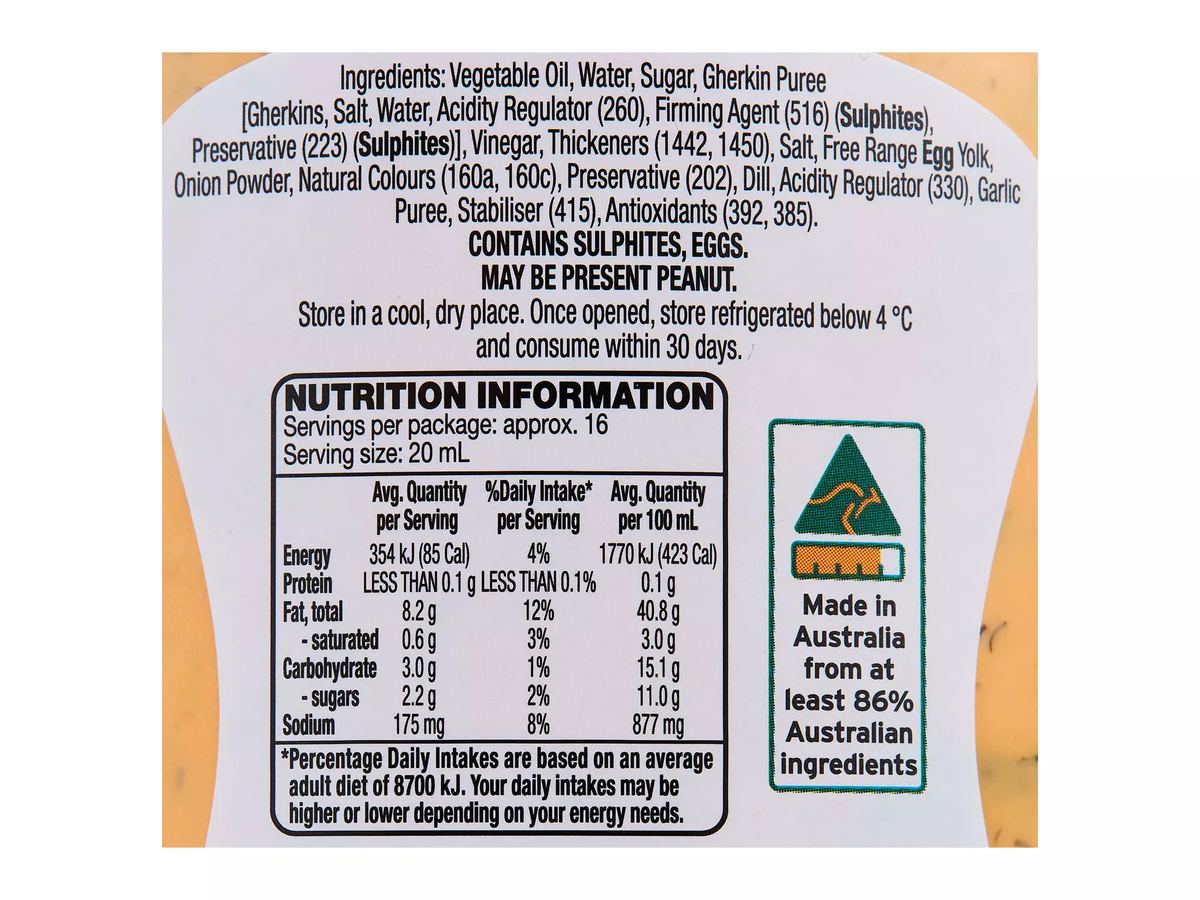 Pack photograph of DELI ORIGINALS Burger Sauce 330ml showing the printed nutrition panel