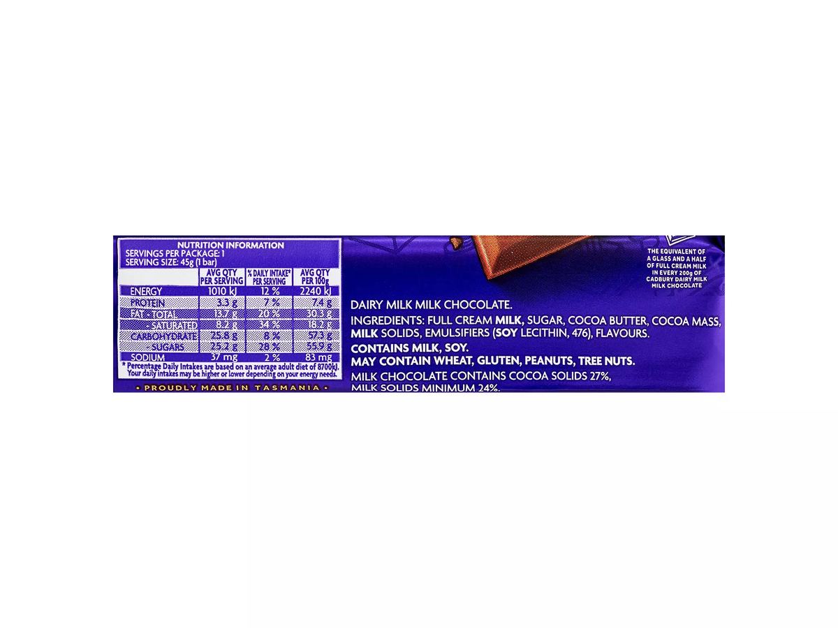 Pack photograph of CADBURY Dairy Milk Chocolate Bar 45g showing the printed nutrition panel