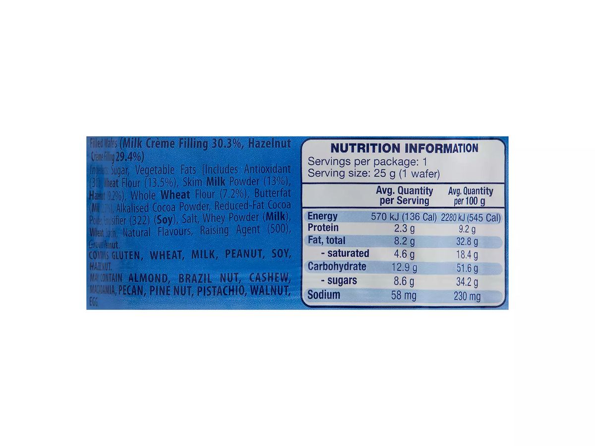 Pack photograph of STORCK Knoppers Wafers 8 Pack 200g showing the printed nutrition panel