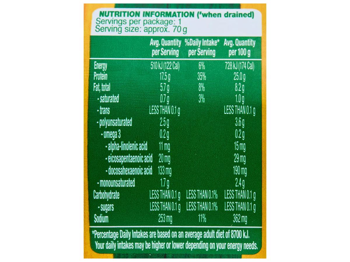 Pack photograph of PORTVIEW Tuna Chunks in Oil 95g showing the printed nutrition panel