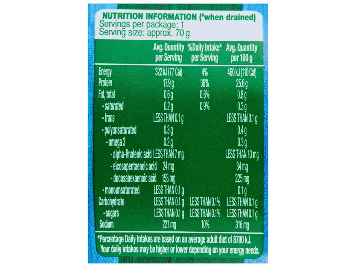 Pack photograph of PORTVIEW Tuna Chunks in Springwater 95g showing the printed nutrition panel