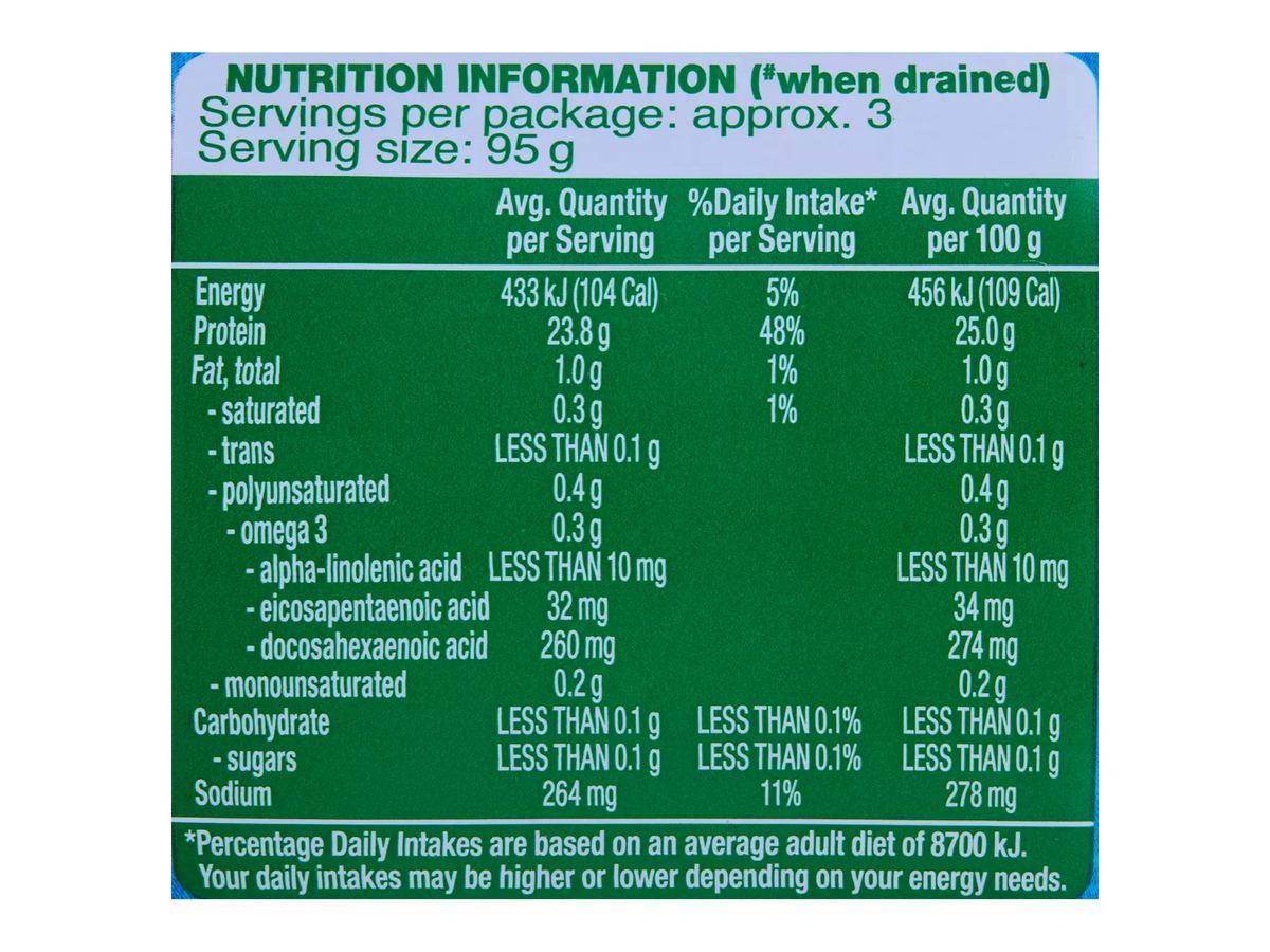 Pack photograph of PORTVIEW Tuna Chunks in Springwater 425g showing the printed nutrition panel
