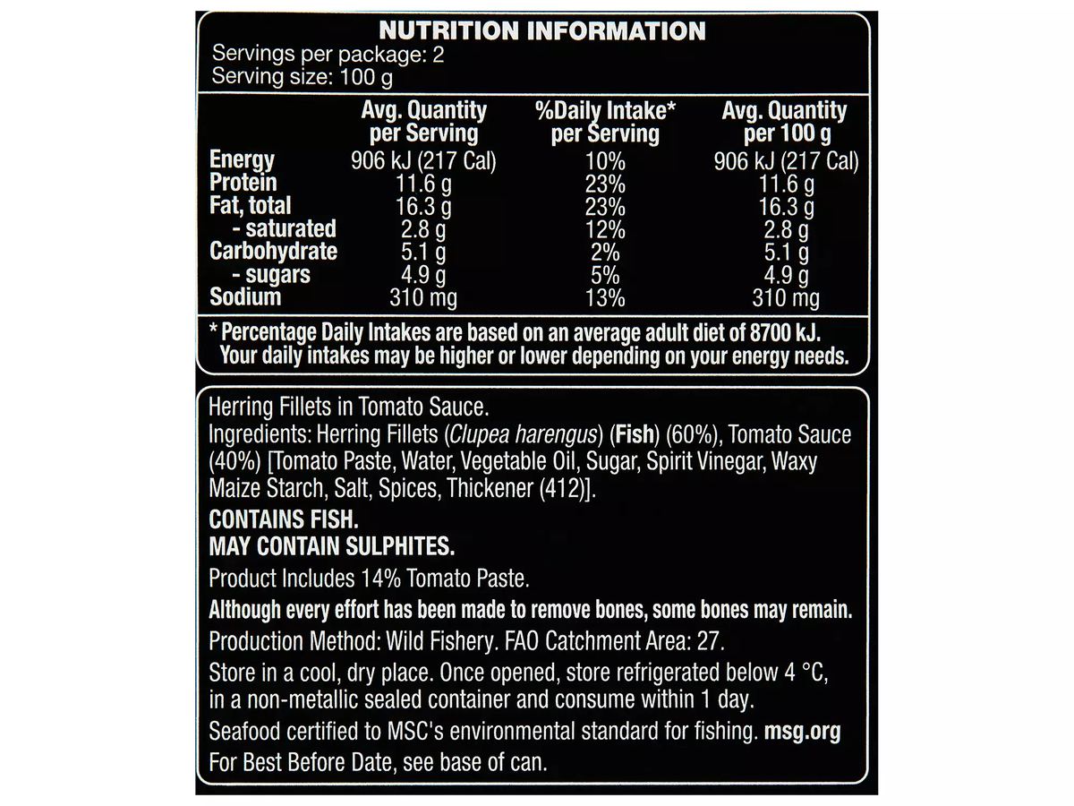 Pack photograph of OCEAN RISE Herring Fillets in Tomato Sauce 200g showing the printed nutrition panel
