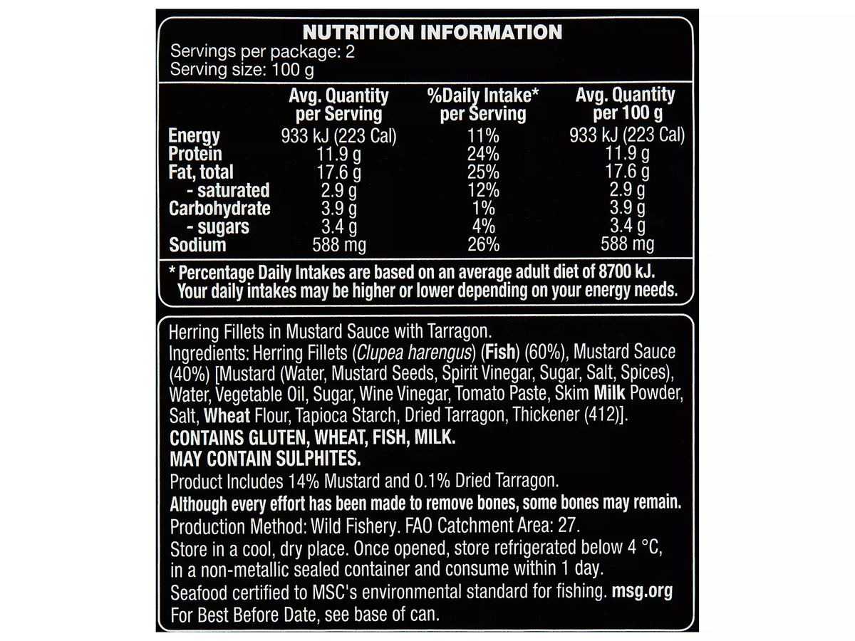 Pack photograph of OCEAN RISE Herring Fillets in Mustard Sauce 200g showing the printed nutrition panel