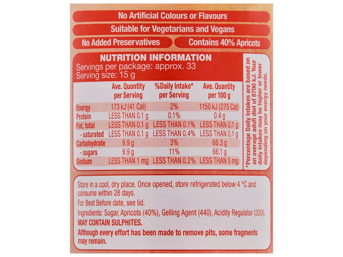 Pack photograph of GRANDESSA Apricot Jam 500g showing the printed nutrition panel